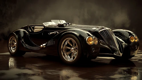 Black retro-futuristic luxury roadster on wet studio floor.