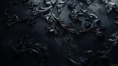 Ornate black baroque foliage embossing on matte surface.