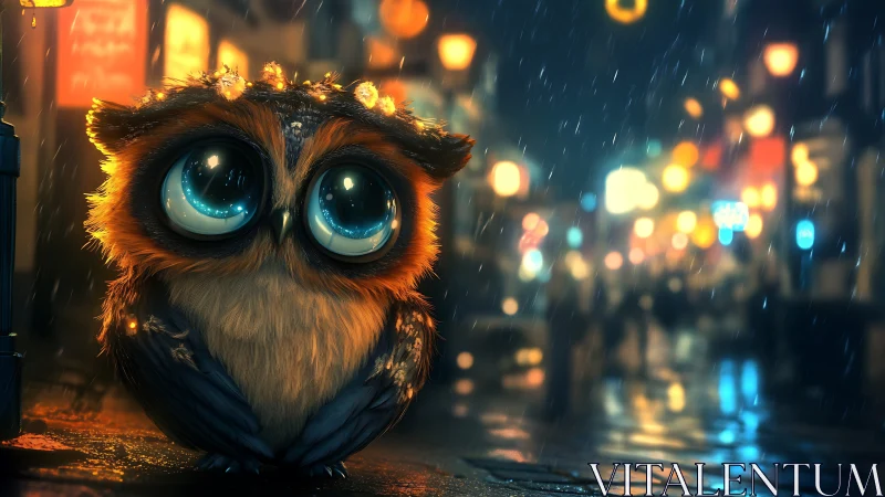 Big-eyed cartoon owl sits in rainy neon city street at night
