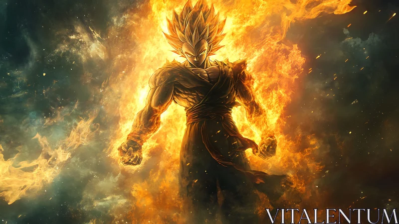 Blazing warrior ascends through swirling cosmic firestorm.