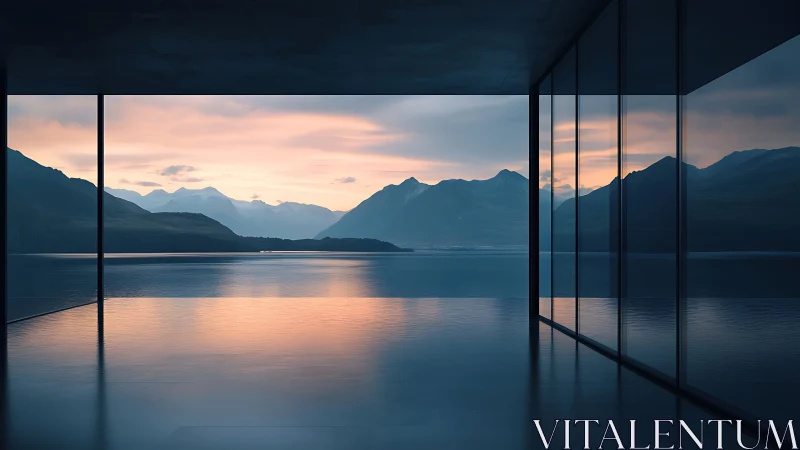 Minimalist glass pavilion with panoramic lake and mountainscape.