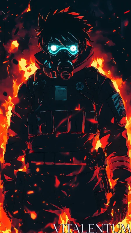 Incandescent tactical operator emerging from combustion field.