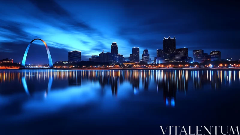 Glowing city skyline and arch reflected in calm blue water.