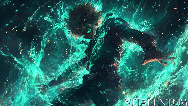 Blazing teal energy hero rising in a storm of power.