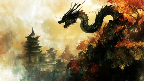 Mythic eastern dragon guards misted temple citadel skyline.