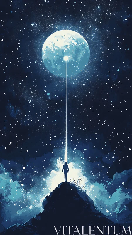 Stargazer on the peak, held in a moonlit cosmic beam.