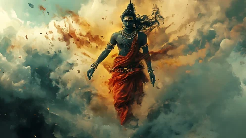 Mythic stormwalker amid turbulent volumetric cloud dynamics.