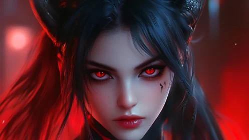 Digital portrait of horned female figure with red eyes.