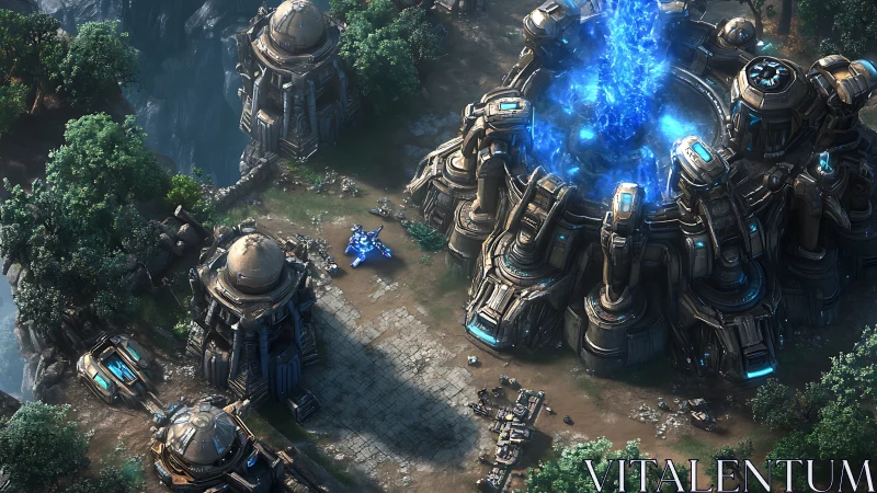 Isometric sci fi fortress encircles radiant blue energy core