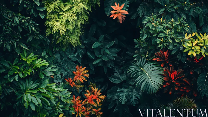 Dense overhead view shows mixed tropical foliage layer