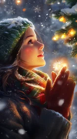 Young woman gazes at glowing winter lights in quiet wonder.