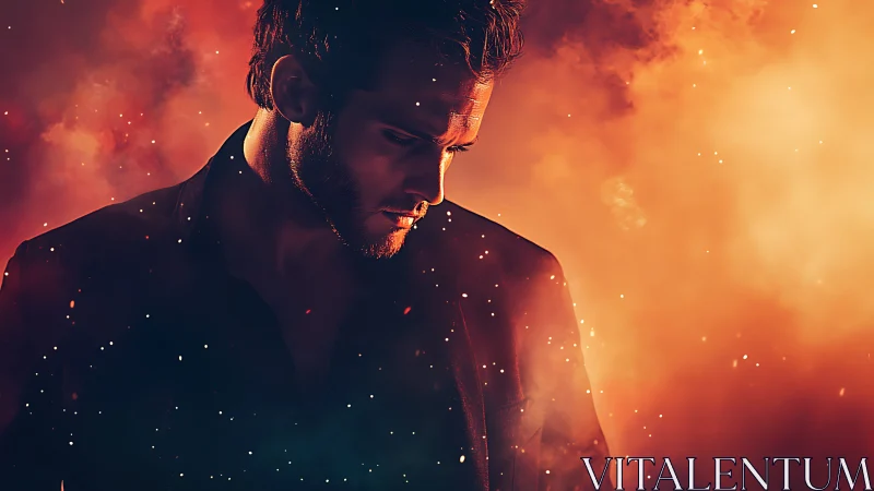 Thoughtful man in warm glowing embers and gentle shadows.