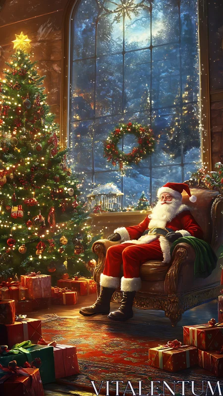 Santa in warm parlor under luminous winter bay window scene.