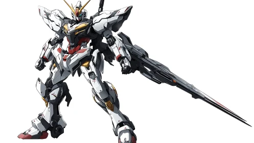 Armored white mecha with oversized rail-blade in battle stance.