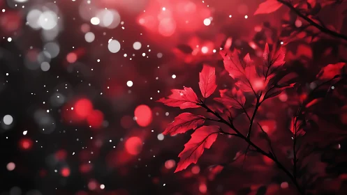 Scarlet leaves dance under twilight bokeh snowfall.