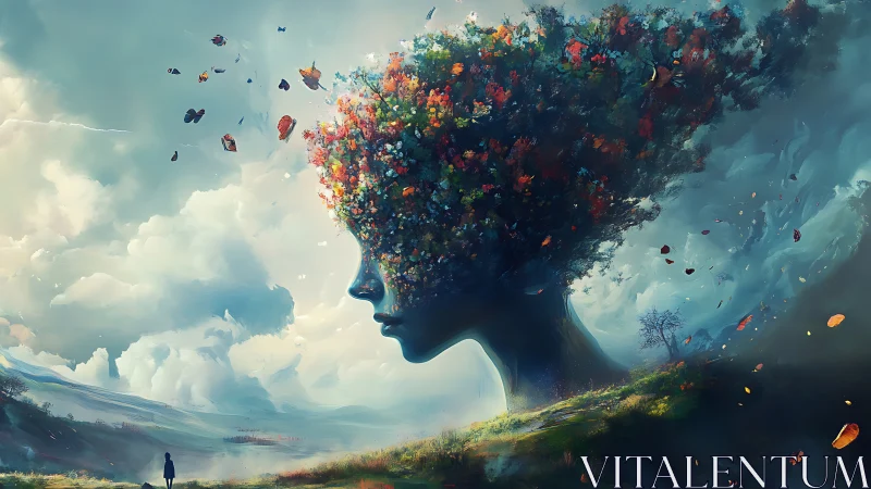 Surreal landscape profile blending tree, sky, and flowers.