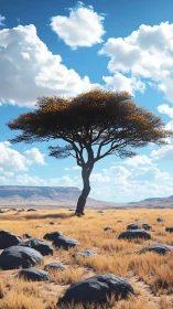 Lone acacia tree stands in rocky grassland under clouds