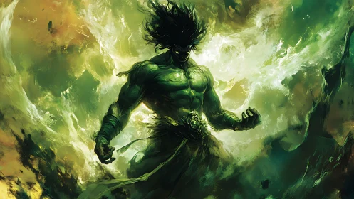 Green elemental warrior emerges from swirling cosmic storm.