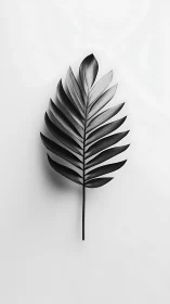Monochrome palm frond on soft white background, top view