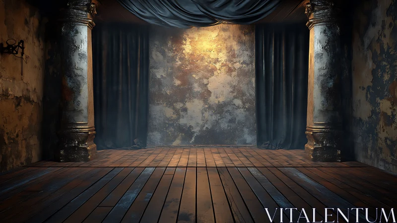 Moody vintage stage with worn columns and draped ceiling.