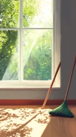 Sunlit broom rests by a bright window in tranquil stillness