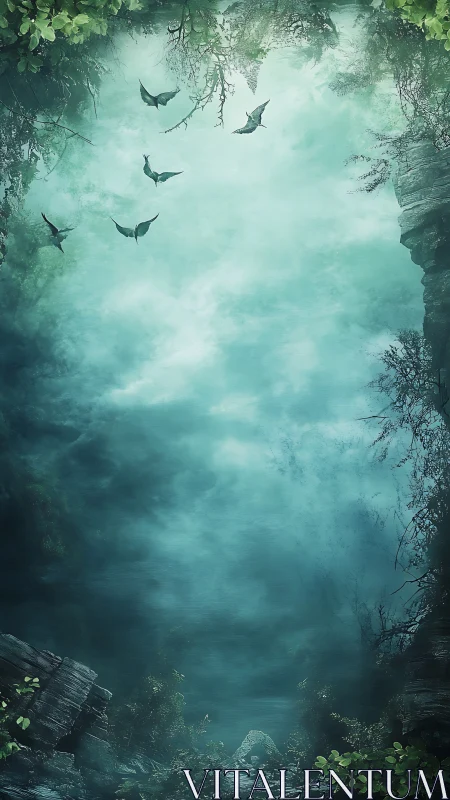 Birds fly above misty teal canyon framed by foliage