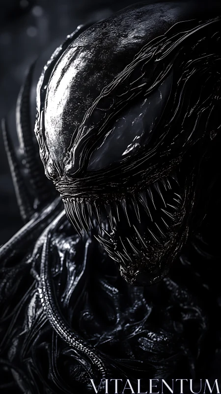 Alien symbiote creature portrait with razor fanged grin.