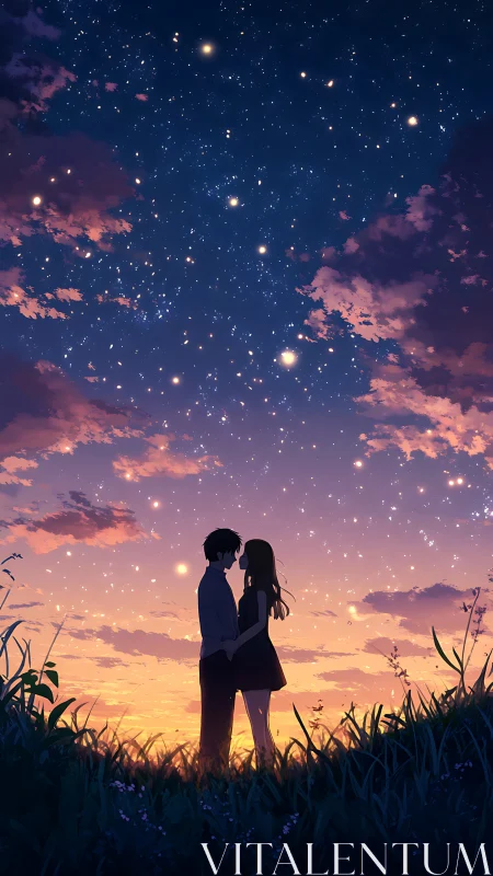 Silhouetted couple stands under dense star field at sunset