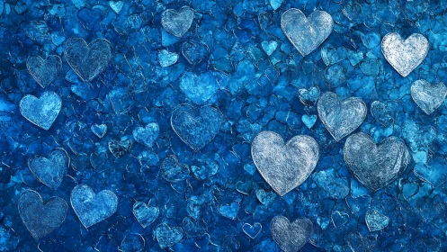 Translucent Blue Hearts Float Across Crystalline Background.