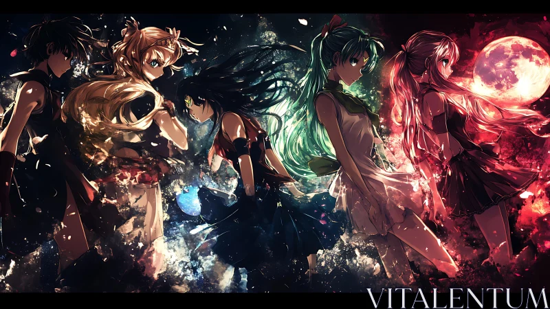 Five celestial anime heroines rendered in dynamic cosmic backlight