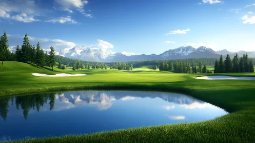 Mountain golf course surrounds reflective water hazard under sun