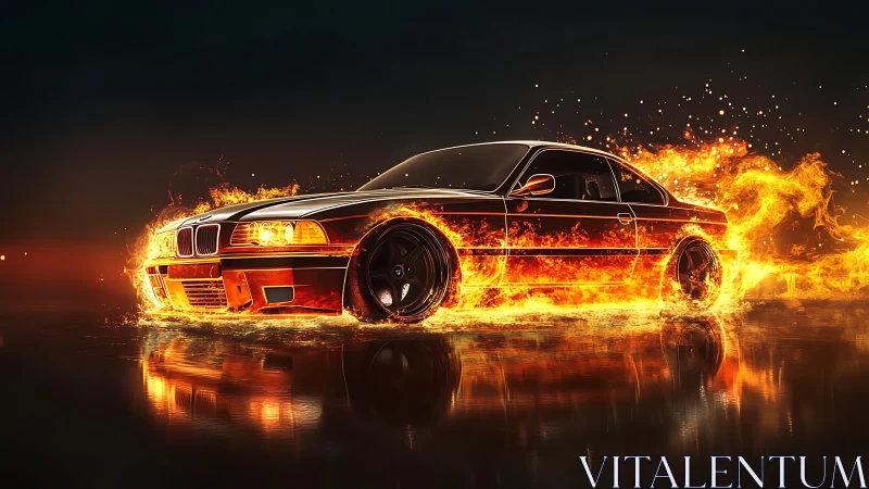 Sports coupe erupts in controlled flames on reflective ground