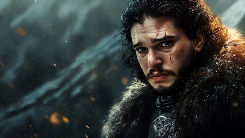 Photorealistic warrior portrait with cinematic cold lighting.