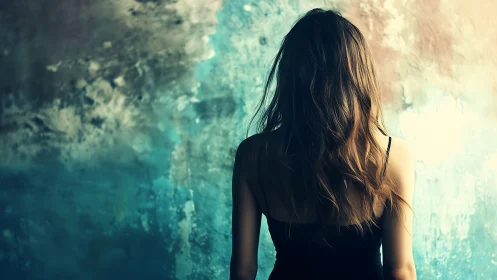 Quiet moment with a woman lost in soft blue daydreams.