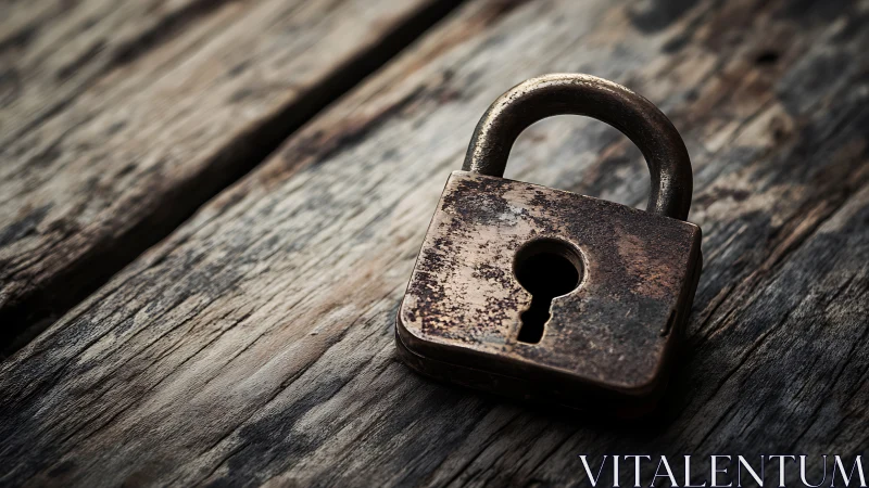 Weathered brass padlock brooding on cracked timber grain.