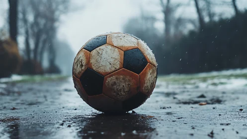 Weathered soccer ball on wet asphalt under shallow depth of field