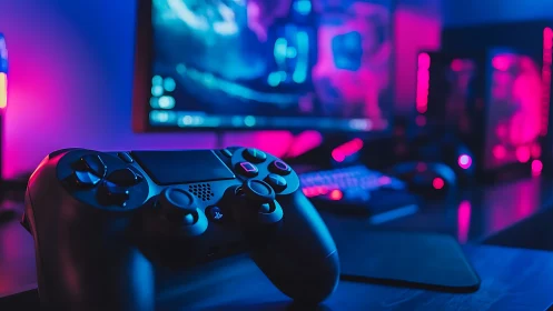 Game controller rests before RGB-lit monitor and desktop