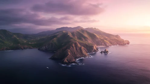 Volcanic island coastline at dawn with stratified mountains rising from sea