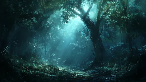 Atmospheric forest passage with diffused light.