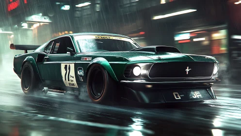 Green classic race Mustang on wet neon city street at night.