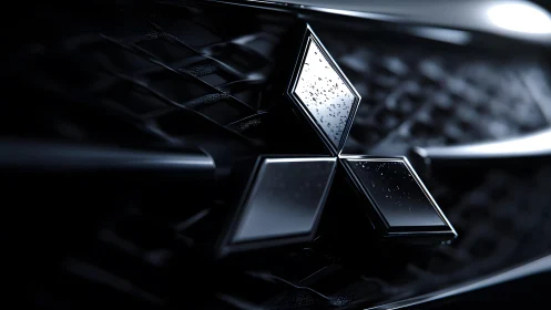 Close-up of Mitsubishi emblem on wet black car grille, modern style.