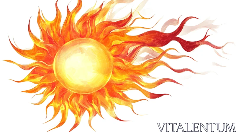 Radiant stylized sun sphere casts swirling fiery flares