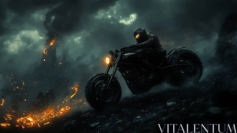 Volcanic storm pursuit with armored rider on tactical bike.
