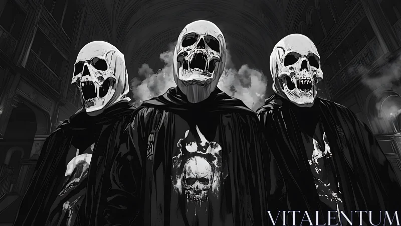 Three skeletal figures stand in cloaked formation in cathedral