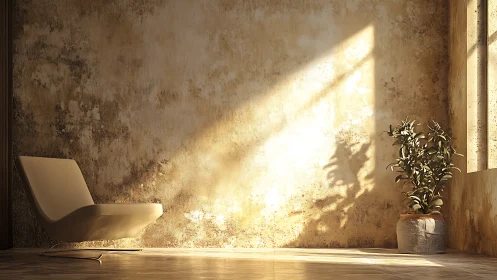 Minimal lounge chair and potted plant in warm sunlight.
