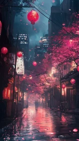 Rainy neon street with lanterns and cherry blossoms at night.