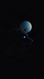Moonlit shadow wolf with neon eyes and circling dusk birds.
