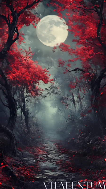 Lunar-illuminated crimson forest corridor with misted stone path.