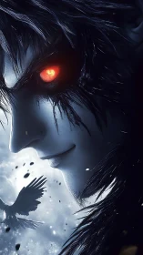 Crimson-eyed raven keeper smiles through the winter storm