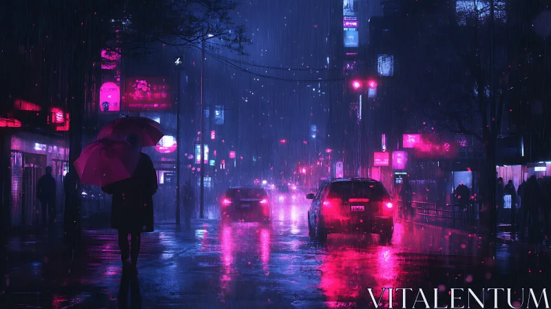 Neon reflections color a rainy cyberpunk city street at night.